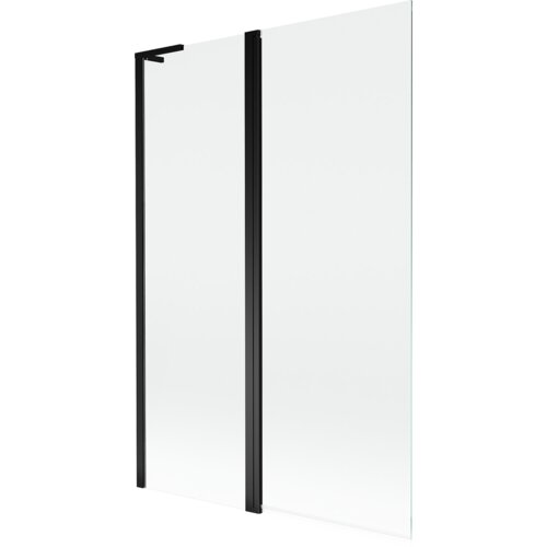 Przezroczysty, dwuskrzydłowy parawan nawannowy z czarnymi ramami, o wymiarach 110 x 150 cm. Produkt oznaczony jako "Mexen Mist L - 8A9L-120-011-70-00".