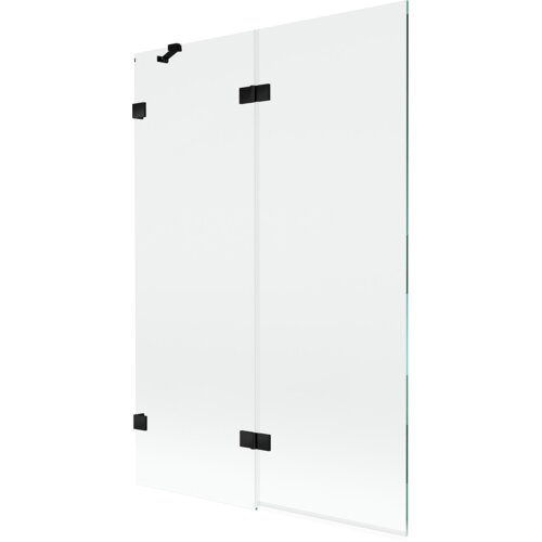 Dwuskrzydłowy parawan nawannowy o wymiarach 120 x 150 cm, wykonany z przezroczystego szkła z czarnymi elementami mocującymi. Produkt ma prosty, nowoczesny design.
