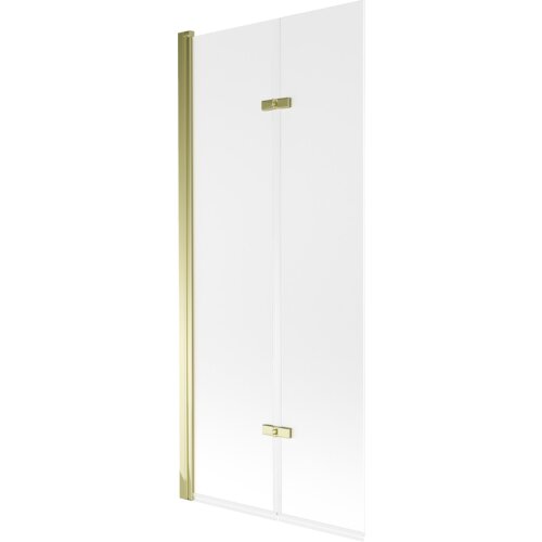Dwuskrzydłowy parawan nawannowy o wymiarach 80 x 150 cm z matowym wykończeniem i złotymi elementami mocującymi. Produkt ma prostą, elegancką konstrukcję z pionowym złotym profilem po jednej stronie.