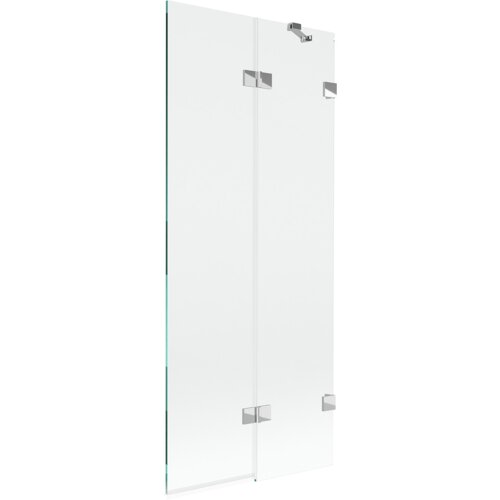 Przezroczysty, dwuskrzydłowy parawan nawannowy z chromowanymi zawiasami i uchwytami, o wymiarach 80 x 150 cm. Produkt ma minimalistyczny design z prostymi liniami i gładką powierzchnią.