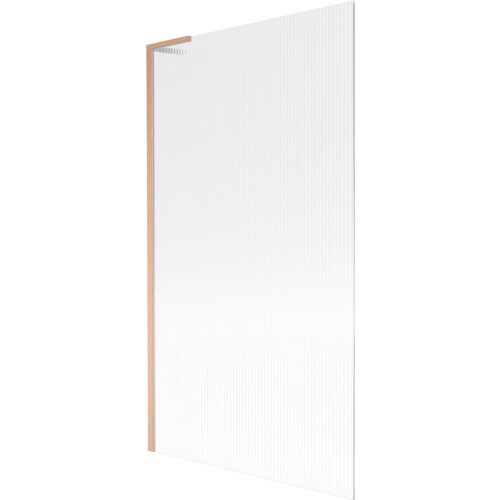 Przesłany obraz przedstawia jednoskrzydłowy parawan nawannowy o wymiarach 100 x 150 cm z prążkowaną powierzchnią i ramą w kolorze miedzi szczotkowanej. Produkt jest oznaczony jako "Mexen Next L parawan nawannowy 1-skrzydłowy 100 x 150 cm, prążki, miedź szczotkowana - 895-100-000-03-09-65".