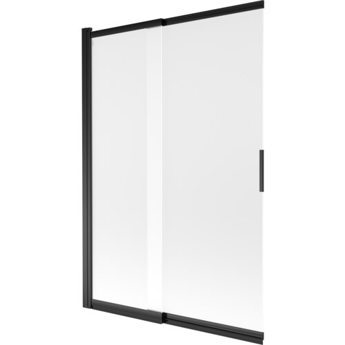 Dwuskrzydłowy, przesuwny parawan nawannowy o wymiarach 120 x 150 cm, wykonany z matowego szkła z czarnymi elementami konstrukcyjnymi. Produkt ma prosty, nowoczesny design z widocznym uchwytem do przesuwania.