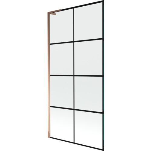 Jednoskrzydłowy parawan nawannowy o wymiarach 90 x 150 cm z czarną kratką i wykończeniem w kolorze różowego złota. Produkt ma prostokątny kształt i składa się z przezroczystych paneli podzielonych czarnymi liniami.