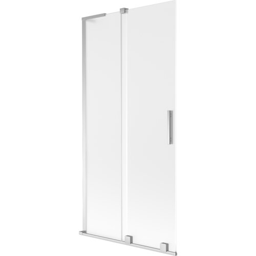 Dwuskrzydłowy, rozsuwany parawan nawannowy o wymiarach 90 x 150 cm, wykonany z mrożonego szkła i chromowanych elementów, z prostokątnym uchwytem. Produkt ma prostą, nowoczesną konstrukcję z metalowymi ramami i mocowaniami.