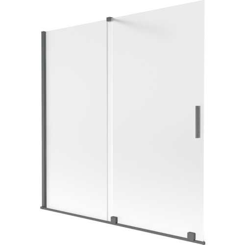 Dwuskrzydłowy, rozsuwany parawan nawannowy o wymiarach 160 x 150 cm, wykonany z matowego szkła w kolorze gun gray szczotkowanym, z widocznymi metalowymi elementami konstrukcyjnymi. Produkt ma prosty, nowoczesny design z uchwytem na jednym ze skrzydeł.