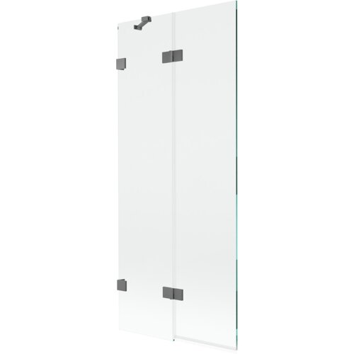 Przezroczysty parawan nawannowy z dwoma skrzydłami, wykonany z materiału w kolorze gun metal, posiada kilka ciemnych zawiasów. Produkt ma wymiary 80 x 150 cm.