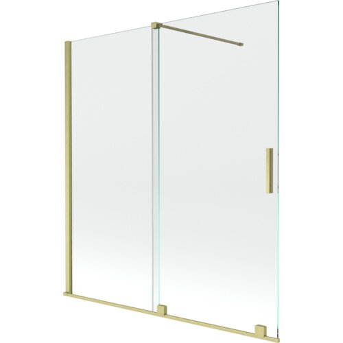 Przesłane zdjęcie przedstawia dwuskrzydłowy, rozsuwany parawan nawannowy o wymiarach 150 x 150 cm, wykonany z transparentnego szkła z elementami w kolorze złotym szczotkowanym. Produkt ma prostą, nowoczesną konstrukcję z pionowym uchwytem i poziomym wspornikiem.