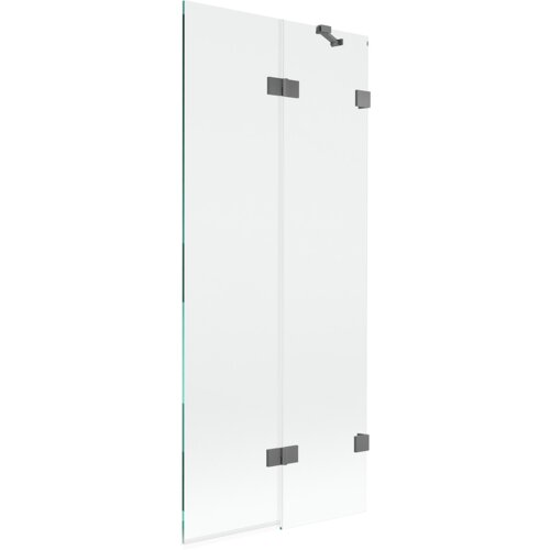 Dwuskrzydłowy, transparentny parawan nawannowy o wymiarach 80 x 150 cm z metalowymi elementami w kolorze gun metal. Produkt posiada prostą konstrukcję z widocznymi zawiasami i uchwytem.