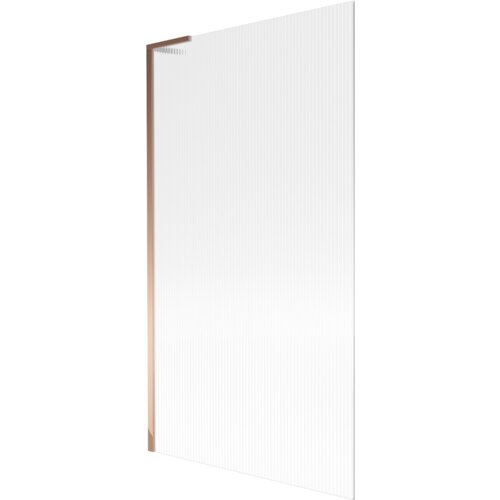 Przesłane zdjęcie przedstawia jednoskrzydłowy parawan nawannowy o wymiarach 100 x 150 cm z prążkowaną powierzchnią i wykończeniem w kolorze różowego złota. Produkt ma prostą, elegancką konstrukcję z widocznymi pionowymi liniami na szklanej powierzchni.