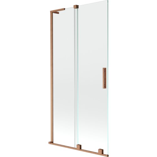 Dwuskrzydłowy, rozsuwany parawan nawannowy o wymiarach 90 x 150 cm, wykonany z przezroczystego szkła, z elementami w kolorze miedzi szczotkowanej. Produkt ma prostokątną formę z metalowymi uchwytami i ramą.