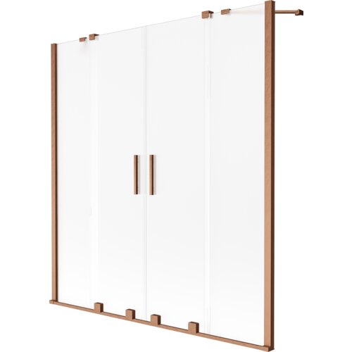 Dwuskrzydłowy parawan nawannowy o wymiarach 150 x 150 cm, wykonany z przezroczystego szkła z miedzianymi, szczotkowanymi elementami. Parawan posiada dwa pionowe uchwyty umieszczone centralnie.