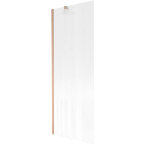 Przesłane zdjęcie przedstawia jednoskrzydłowy parawan nawannowy o wymiarach 70 x 150 cm z prążkowaną powierzchnią i wykończeniem w kolorze miedzi szczotkowanej. Produkt ma prostokątny kształt i widoczne są pionowe linie na szklanej powierzchni.