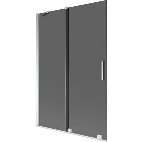 Dwuskrzydłowy, rozsuwany parawan nawannowy w kolorze grafitowym z chromowanymi elementami, o wymiarach 120 x 150 cm. Produkt ma prosty, nowoczesny design z widocznym uchwytem i zawiasami.