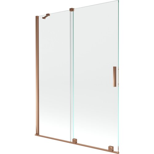 Dwuskrzydłowy, rozsuwany parawan nawannowy o wymiarach 130 x 150 cm, wykonany z przezroczystego szkła, z elementami w kolorze różowego złota. Produkt ma prostą, nowoczesną konstrukcję z metalowymi uchwytami i mocowaniami.
