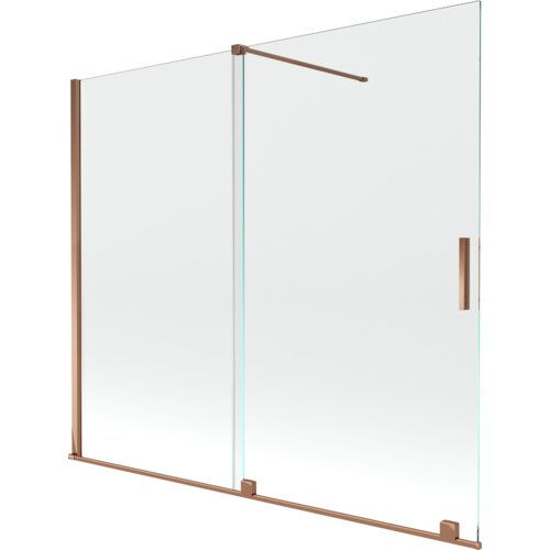 Dwuskrzydłowy, rozsuwany parawan nawannowy o wymiarach 180 x 150 cm, wykonany z przezroczystego szkła, z elementami w kolorze różowego złota. Produkt ma prostą konstrukcję z metalowymi uchwytami i ramą.