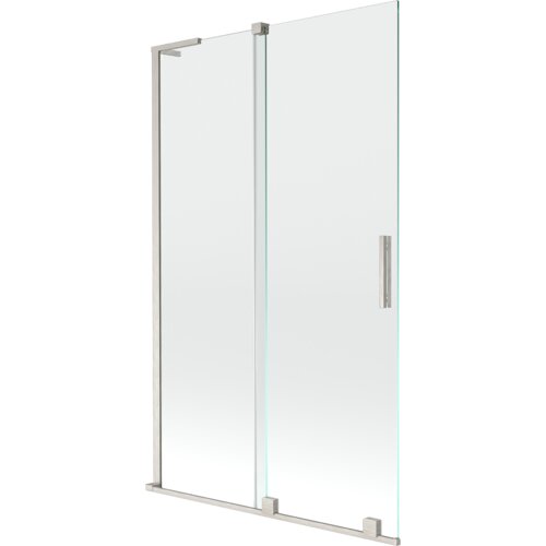 Dwuskrzydłowy, rozsuwany parawan nawannowy wykonany z przezroczystego szkła, z ramą i uchwytami w kolorze niklu szczotkowanego. Produkt ma prosty, nowoczesny design z metalowymi elementami mocującymi.