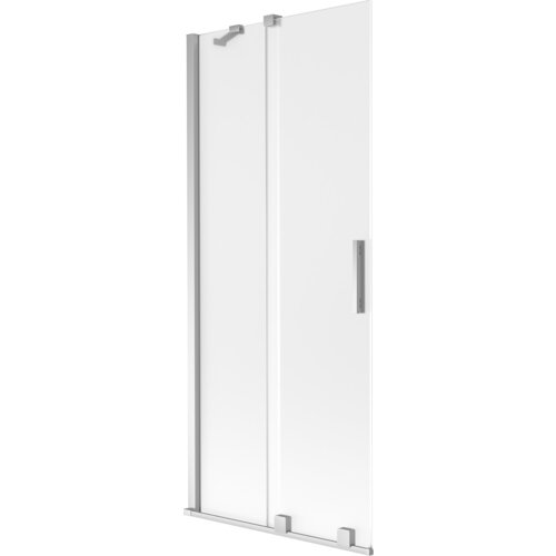 Dwuskrzydłowy, rozsuwany parawan nawannowy o wymiarach 80 x 150 cm, wykonany z mrożonego szkła i chromowanych elementów. Produkt ma prostokątny uchwyt oraz metalowe mocowania na górze i dole.