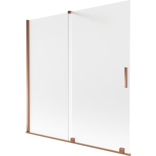 Dwuskrzydłowy, rozsuwany parawan nawannowy o wymiarach 160 x 150 cm, wykonany z matowego szkła z elementami w kolorze różowego złota. Produkt ma prostokątny kształt z metalowymi uchwytami i ramą.