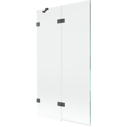 Dwuskrzydłowy parawan nawannowy o transparentnej powierzchni, z ciemnoszarymi, szczotkowanymi elementami mocującymi. Produkt ma prosty, nowoczesny design i jest przeznaczony do montażu na wannie.