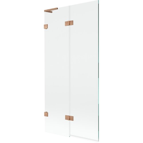Dwuskrzydłowy parawan nawannowy wykonany z przezroczystego szkła, z elementami w kolorze szczotkowanej miedzi, w tym zawiasy i uchwyt. Produkt ma prosty, nowoczesny design i jest przeznaczony do montażu na wannie.