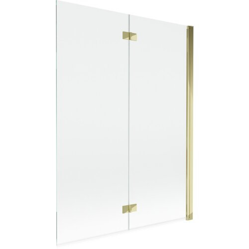 Dwuskrzydłowy parawan nawannowy o wymiarach 130 x 150 cm, wykonany z przezroczystego szkła, z elementami w kolorze złotym. Produkt ma prostą konstrukcję z widocznymi złotymi zawiasami i uchwytami.