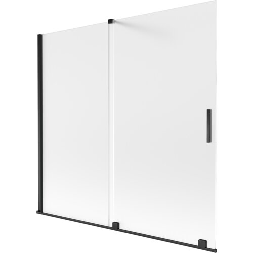 Dwuskrzydłowy, rozsuwany parawan nawannowy o wymiarach 170 x 150 cm, wykonany z matowego szkła z czarnymi elementami wykończenia. Produkt ma prostokątny kształt i widoczne uchwyty na jednym ze skrzydeł.