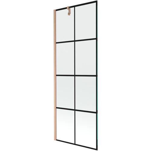 Jednoskrzydłowy parawan nawannowy o wymiarach 70 x 150 cm z czarną kratką i elementami w kolorze miedzi szczotkowanej. Produkt ma prostokątny kształt z widocznymi pionowymi i poziomymi liniami tworzącymi kratkę.
