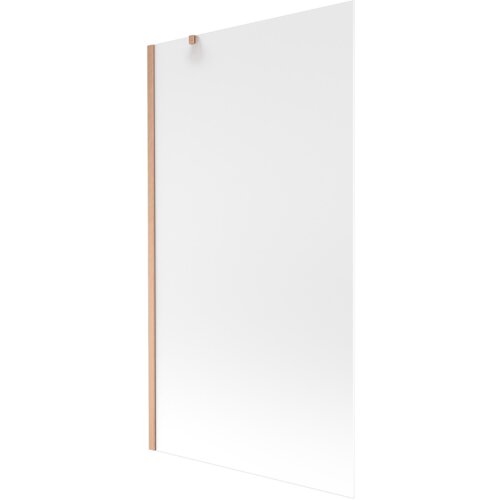 Na zdjęciu znajduje się jednoskrzydłowy parawan nawannowy o wymiarach 100 x 150 cm, wykonany z mrożonego szkła z elementami w kolorze szczotkowanej miedzi. Produkt ma prostą, nowoczesną formę z widocznym uchwytem na górze.
