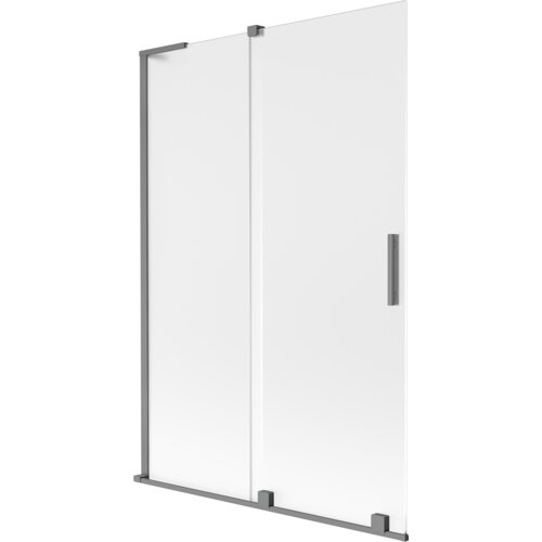 Dwuskrzydłowy, rozsuwany parawan nawannowy o wymiarach 120 x 150 cm, wykonany z matowego szkła i wykończony w kolorze gun metal. Produkt posiada prostokątną, metalową rączkę oraz solidne mocowania.