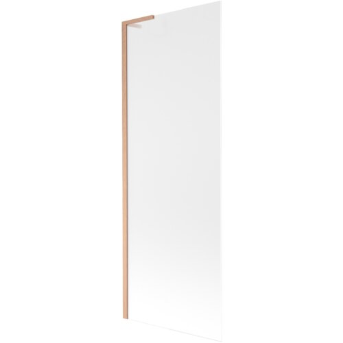 Na zdjęciu widoczny jest parawan nawannowy o prostokątnym kształcie, z przezroczystym szkłem i ramą w kolorze miedzi szczotkowanej. Produkt ma minimalistyczny design i jest oznaczony jako "Mexen Next L parawan nawannowy 1-skrzydłowy 70 x 150 cm, szron, miedź szczotkowana - 895-070-000-03-30-65".