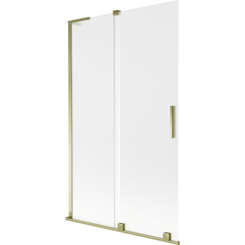 Dwuskrzydłowy, rozsuwany parawan nawannowy o wymiarach 110 x 150 cm, wykonany z mrożonego szkła z złotymi elementami wykończenia. Produkt ma prostokątny kształt i posiada pionowy uchwyt.