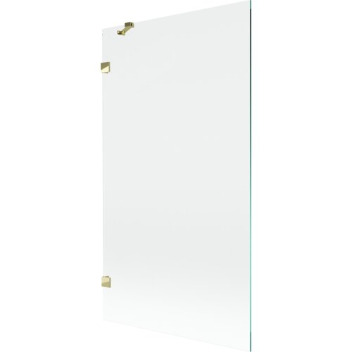 Przezroczysty parawan nawannowy z jednym skrzydłem, o wymiarach 100 x 150 cm, z widocznymi złotymi elementami montażowymi. Produkt jest prosty i elegancki, bez dodatkowych zdobień czy wzorów.
