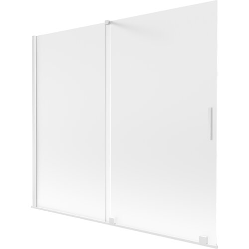 Dwuskrzydłowy, rozsuwany parawan nawannowy o wymiarach 180 x 150 cm, wykonany z matowego szkła w białej ramie, z pionowym uchwytem po prawej stronie. Produkt ma minimalistyczny design i prostokątny kształt.