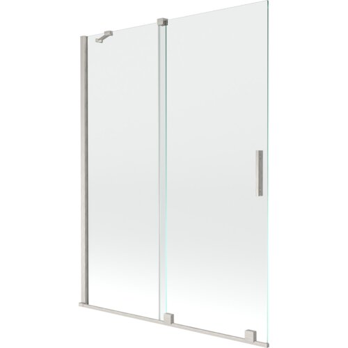 Przesłane zdjęcie przedstawia dwuskrzydłowy, rozsuwany parawan nawannowy o wymiarach 130 x 150 cm, wykonany z przezroczystego szkła z elementami w kolorze niklu szczotkowanego. Produkt ma prostokątny kształt z metalowymi uchwytami i mocowaniami.
