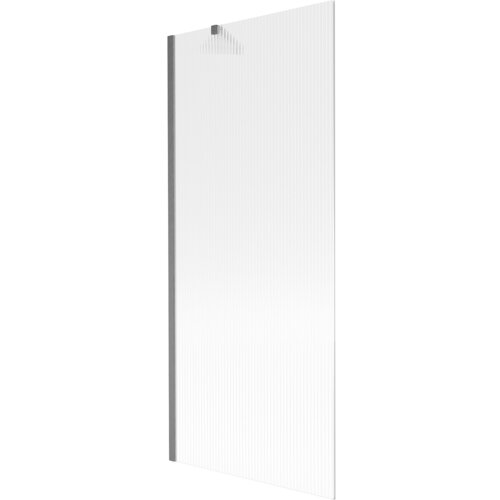Przedstawiony jest jednoskrzydłowy parawan nawannowy o wymiarach 80 x 150 cm z prążkowaną powierzchnią i szczotkowanym wykończeniem w kolorze gun gray. Produkt ma prostą, nowoczesną formę z metalowym uchwytem na górze.