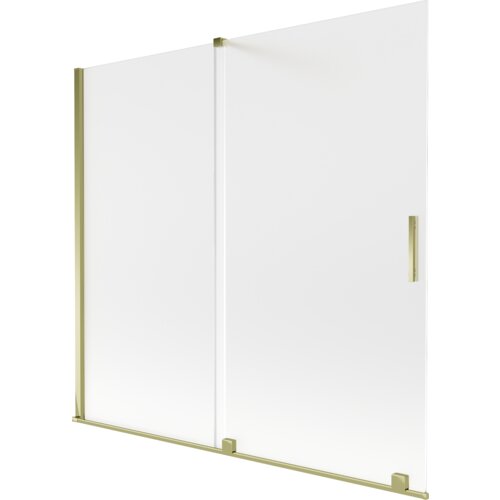 Dwuskrzydłowy, rozsuwany parawan nawannowy o wymiarach 170 x 150 cm, wykonany z matowego szkła z elementami w złotym kolorze. Produkt ma prostokątny kształt i posiada uchwyt na jednym ze skrzydeł.
