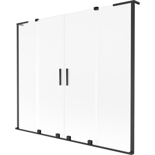 Na zdjęciu znajduje się dwuskrzydłowy, rozsuwany parawan nawannowy o wymiarach 200 x 150 cm, wykonany z matowego szkła z czarnymi elementami konstrukcyjnymi. Parawan posiada dwa pionowe uchwyty umieszczone centralnie.