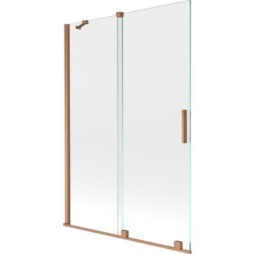 Dwuskrzydłowy, rozsuwany parawan nawannowy o wymiarach 120 x 150 cm, wykonany z transparentnego szkła z elementami w kolorze miedzi szczotkowanej. Produkt ma prostą konstrukcję z pionowymi uchwytami i mocowaniami.