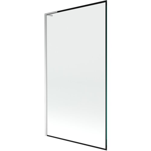 Na zdjęciu znajduje się prostokątny parawan nawannowy z jedną szklaną taflą, otoczony czarną ramką z chromowanymi elementami. Produkt ma minimalistyczny design i jest przeznaczony do montażu na wannie.