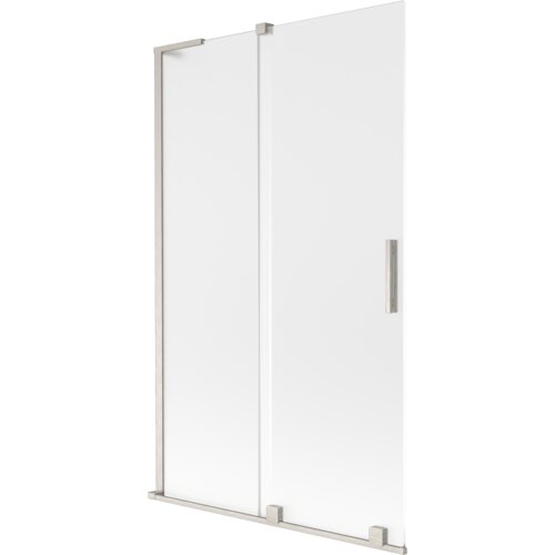 Dwuskrzydłowy, rozsuwany parawan nawannowy o wymiarach 110 x 150 cm, wykonany z mrożonego szkła i szczotkowanego niklu, z prostokątnym uchwytem. Produkt ma prostą, nowoczesną konstrukcję z metalowymi elementami mocującymi.