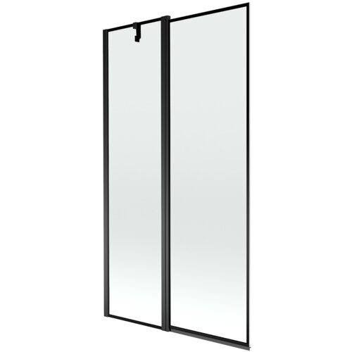 Dwuskrzydłowy parawan nawannowy z czarną ramką, wykonany z przezroczystego szkła, o wymiarach 100 x 150 cm. Produkt ma prosty, nowoczesny design z widocznym zawiasem na górze.