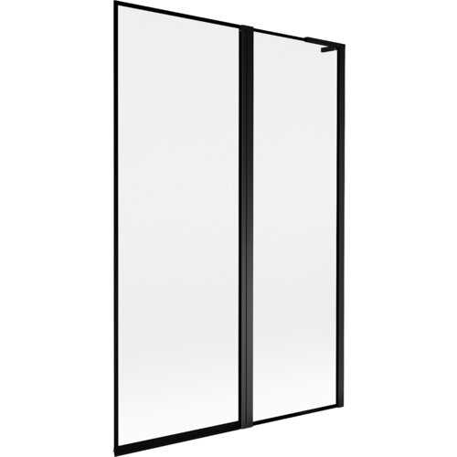 Przesłane zdjęcie przedstawia dwuskrzydłowy parawan nawannowy z czarną ramką. Produkt ma prosty, nowoczesny design z przezroczystymi panelami.