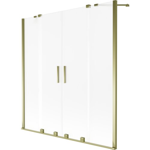 Przesuwany parawan nawannowy o dwóch skrzydłach, wykonany z matowego szkła, z ramą i uchwytami w złotym kolorze. Produkt ma wymiary 150 x 150 cm.