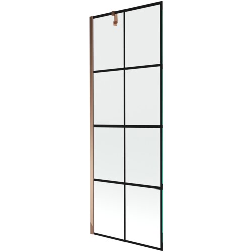 Szklany parawan nawannowy z czarną kratką i elementami w kolorze różowego złota, o wymiarach 70 x 150 cm. Produkt ma prostokątny kształt i jednolite, przezroczyste panele podzielone czarnymi liniami.