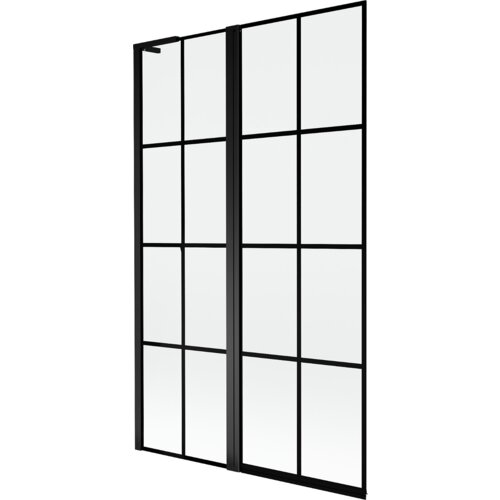 Dwuskrzydłowy parawan nawannowy z czarną kratką, wykonany ze szkła, o wymiarach 110 x 150 cm. Produkt ma elegancką, nowoczesną konstrukcję z wyraźnymi, czarnymi liniami dzielącymi powierzchnię na prostokątne segmenty.