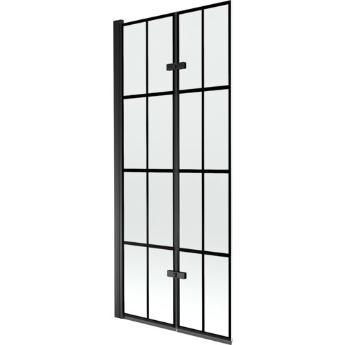 Dwuskrzydłowy parawan nawannowy z czarną kratką, wykonany ze szkła i metalu, o wymiarach 80 x 150 cm. Produkt ma prostokątny kształt z pionowymi i poziomymi czarnymi liniami tworzącymi kratkę.