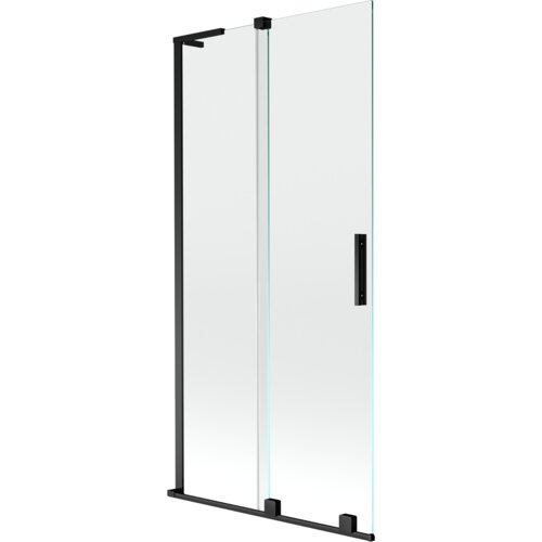 Dwuskrzydłowy, rozsuwany parawan nawannowy o wymiarach 95 x 150 cm, wykonany z przezroczystego szkła z czarnymi elementami konstrukcyjnymi. Produkt posiada prostokątny uchwyt oraz czarne ramy i mocowania.