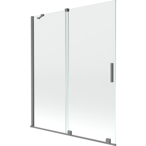 Dwuskrzydłowy, rozsuwany parawan nawannowy o wymiarach 140 x 150 cm, wykonany z transparentnego szkła z metalowymi elementami w kolorze gun metal. Produkt posiada prostokątny uchwyt i solidne mocowania.