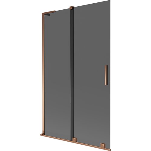 Dwuskrzydłowy parawan nawannowy w kolorze grafitowym z elementami w odcieniu różowego złota, posiada prostokątną, pionową rączkę. Produkt ma minimalistyczny design z gładkimi powierzchniami i metalowymi akcentami.