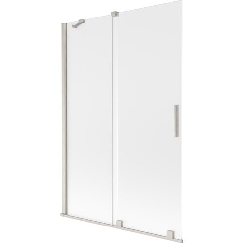 Dwuskrzydłowy, rozsuwany parawan nawannowy o wymiarach 120 x 150 cm, wykonany z matowego szkła z elementami w kolorze szczotkowanego niklu. Produkt ma prostokątny kształt z metalowymi uchwytami i mocowaniami.